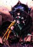  alternate_costume alternate_weapon arm_cannon black_hair bow breasts hair_ornament highres long_hair midriff navel red_eyes reiuji_utsuho skyspace solo touhou weapon wings 