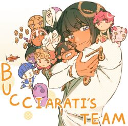  >_< 1girl 6+boys :< :o aerosmith_(stand) blonde_hair blue_eyes bruno_bucciarati character_name chibi clenched_teeth commentary dark-skinned_male dark_skin english_commentary frown giorno_giovanna gold_experience highres jacket jojo_no_kimyou_na_bouken leone_abbacchio long_hair malan male_focus mini_person miniboy minigirl moody_blues_(stand) multiple_boys narancia_ghirga orange_eyes pannacotta_fugo pink_eyes pink_hair purple_haze_(stand) rectangular_mouth sex_pistols_(stand) short_hair sitting_on_shoulder smile spice_girl_(stand) stand_(jojo) sticky_fingers_(stand) teeth trish_una vento_aureo white_hair white_jacket 