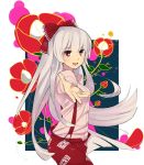  bad_id beckon beckoning bow dress_shirt floral_background flower foreshortening fujiwara_no_mokou hair_bow long_hair open_mouth outstretched_arm outstretched_hand pants red_eyes shirt silver_hair smile solo suspenders tadataka touhou very_long_hair white_hair 