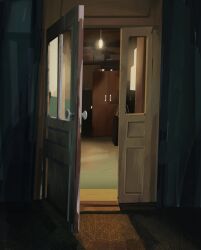  absurdres ala_southiick ceiling_light door highres no_humans open_door original scenery shelf 