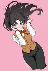  1girl black_skirt blue_eyes blush breasts brown_hair brown_vest collared_shirt fate/stay_night fate_(series) hair_ribbon highres homurabara_academy_school_uniform kiya_hajime long_hair long_sleeves looking_at_viewer medium_breasts neck_ribbon parted_bangs red_ribbon ribbon school_uniform shirt skirt solo tohsaka_rin two_side_up vest white_shirt 
