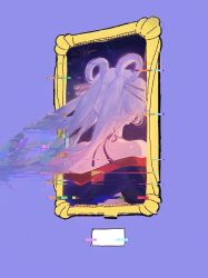  1000-nen_ikiteru_(vocaloid) 1girl bare_shoulders chinese_commentary cho_kaguya-hime! commentary_request facing_away from_behind hair_ornament hair_rings hair_stick highres long_hair off_shoulder painting_(object) picture_frame purple_background runami_yachiyo simple_background solo twintails very_long_hair yiwanbula_jinsiji 