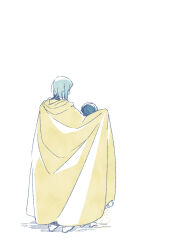  1boy 1girl blue_hair brown_cloak cloak commentary_request ferdinand_(honzuki_no_gekokujou) from_behind honzuki_no_gekokujou hood hood_down hooded_cloak myne_(honzuki_no_gekokujou) pleated_skirt rinndouk shadow shoes signature simple_background skirt white_background white_shoes white_skirt 