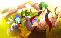  &gt;:&lt; &gt;:( alternate_hair_color belt blue_eyes bow chikage_(kinokodou) cirno closed_umbrella daiyousei detached_wings dress dress_shirt fairy_wings fighting_stance genderswap glowing glowing_eyes green_eyes green_hair hair_bow hat jumper kazami_yuuka meadow multiple_girls pants photo_background plaid plaid_vest red_eyes shirt smirk straw_hat touhou umbrella untucked wings youkai 