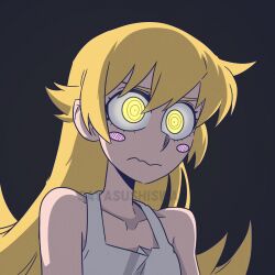  1girl artist_name bakemonogatari black_background blonde_hair blush_stickers closed_mouth collarbone commentary english_commentary hair_between_eyes highres long_hair monogatari_(series) oshino_shinobu ringed_eyes sayasushiswag simple_background solo twitter_username wavy_mouth yellow_eyes 