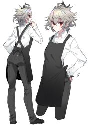  antenna_hair apron black_apron black_pants character_name commentary_request dragon dress_shirt fate/apocrypha fate_(series) full_body grey_hair hair_between_eyes haoro highres male_focus messy_hair pants red_eyes shirt short_hair sieg_(fate) standing white_shirt 