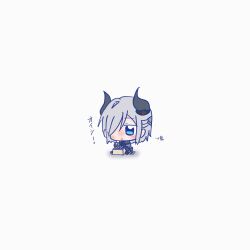  1girl :t arrow_(symbol) assault_lily beans black_bow black_bowtie black_gloves black_horns black_jacket black_shirt black_skirt blue_eyes blush bow bowtie bridal_gauntlets brown_bridal_gauntlets chibi closed_mouth commentary demon_horns eating food full_body gloves grey_background grey_hair hair_over_one_eye hands_up highres holding holding_food horns jacket kasa_(kasa_mayulove) looking_ahead masu medium_hair sekino_youko setsubun shirt short_sleeves simple_background single_glove sitting skirt solo 
