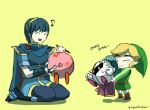  angry blue_hair cape closed_eyes eyes_closed fire_emblem hat kirby kirby_(series) korean link marth meta_knight muse_(rainforest) musical_note nintendo pointy_ears smile super_smash_bros. the_legend_of_zelda toon_link translated translation_request twilight_princess 