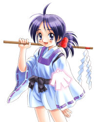  1girl ahoge bakumatsu_rouman black_bow black_sash blue_eyes bow cowboy_shot gohei goto_p hair_bow holding holding_gohei ichijou_akari japanese_clothes looking_at_viewer medium_hair onmyouji over_shoulder ponytail purple_hair red_bow sash shikigami short_shorts shorts simple_background socks solo standing white_background white_socks wide_sleeves 
