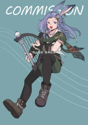  1boy :d animal_earrings animal_ears blue_eyes blue_hair boots braid chinese_text crescent crescent_hair_ornament earrings english_text full_body green_scarf hair_ornament harp highres holding holding_instrument instrument jewelry long_hair mixed-language_text multiple_braids music necklace open_mouth original pantyhose playing_instrument purple_hair rabbit_ears scarf smile solo tingliang viera violet_eyes 