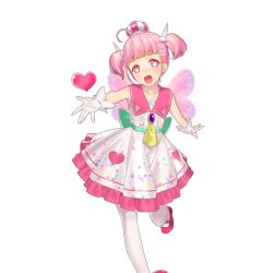  1girl aged_down ama_mitsuki bare_shoulders butterfly_wings dress gloves hat heart heart_in_eye insect_wings mini_hat multicolored_hat necktie pantyhose petit_amour pink_eyes pink_hair pink_hat pink_sailor_collar pink_shoes reaching reaching_towards_viewer sailor_collar shoes short_hair symbol_in_eye twintails uchi_no_hime-sama_ga_ichiban_kawaii white_dress white_gloves white_hat white_pantyhose wings yellow_necktie 