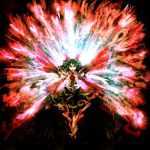  abstract bad_id black_hair bow hair_bow hair_ornament hima_(mizu_ni_tsuyoi) himajin_tohakagiranai kamen_rider kamen_rider_ooo kamen_rider_ooo_(series) parody red reiuji_utsuho solo speed_painting tajador_(ooo_combo) tajadoru touhou 