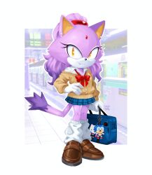 1girl artist_name bag blaze_the_cat bow brown_shoes collared_shirt draw_chill's fang forehead_jewel furry furry_female gloves hello_kitty hello_kitty_(character) highres leg_warmers long_hair pleated_skirt purple_fur red_bow sanrio school_bag school_uniform shirt shoes skirt smile sonic_(series) sonic_the_hedgehog white_gloves white_leg_warmers white_shirt yellow_eyes 