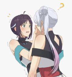  2girls ? @_@ absurdres bare_arms blush bow cho_kaguya-hime! commentary covering_another's_mouth ear_bow fafayu gradient_hair green_eyes hair_bun highres long_hair multicolored_hair multiple_girls open_mouth pink_hair runami_yachiyo sakayori_iroha simple_background single_side_bun trembling white_background white_hair yuri 