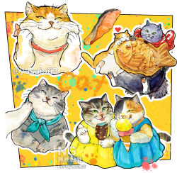  animal animal_focus artist_name blue_dress blue_ribbon cat dress fish_(food) food hashtag-only_commentary heart highres holding holding_food holding_ice_cream holding_ice_cream_cone ice_cream ice_cream_bar ice_cream_cone multiple_scoops no_humans original ribbon taiyaki tongue tongue_out wagashi yasaioji3 yellow_dress 