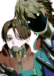  2boys 333takoyaki absurdres brown_hair commentary_request cyborg green_eyes hair_between_eyes highres jacket joints kurt_cramer letterman_jacket looking_at_viewer male_focus max_mccalister metal_jaw milky_subway multiple_boys robot_joints simple_background upper_body white_background 