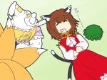  49cc animal_ears blonde_hair brown_hair cat_ears cat_tail chen commentary commentary_request drooling earrings fang fox_tail hat hat_removed headwear_removed jewelry multiple_girls multiple_tails short_hair sleeping tail touhou yakumo_ran 