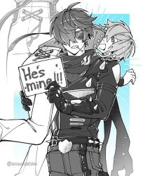  2boys :d ahoge artist_name belt belt_buckle blue_background border buckle carrying carrying_over_shoulder chinese_clothes clenched_teeth commentary_request cowboy_shot crossed_bangs english_text gloves greyscale_with_colored_background hair_between_eyes hair_over_one_eye highres holding holding_sign jacket lapels leather leather_jacket lighter_(zenless_zone_zero) long_sleeves looking_at_viewer male_focus multiple_boys one_eye_covered open_mouth outside_border pants parted_bangs scarf short_hair sign smile spiked_belt standing sunglasses sweatdrop teeth torn_clothes torn_scarf twitter_username urouroshiro v-shaped_eyebrows white_border wise_(soaring_crane)_(zenless_zone_zero) wise_(zenless_zone_zero) zenless_zone_zero 