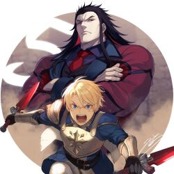  2boys armor black_hair black_vest blonde_hair blue_eyes dual_wielding highres holding holding_sword holding_weapon long_hair mikata_ga_yowasugite_hojo_mahou_ni_tesshiteita_kyuutei_mahoushi_tsuihou_sarete_saikyou_wo_mezashimasu multiple_boys necktie red_eyes red_necktie regulus_galdana reverse_grip short_hair shoulder_armor sword vest vogan_forneus weapon yuunagi_(seventh_heaven) 