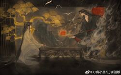  2boys bird black_hair black_hanfu branded chinese_clothes chinese_commentary chinese_text closed_mouth commentary_request diaomaoxiaoheidaoliangquanban fire floating flower from_side ghost hair_down hair_ribbon half_updo hanfu headband highres implied_yaoi indoors lan_wangji leaf long_hair long_sleeves looking_at_another male_focus modao_zushi mountain multiple_boys official_alternate_hairstyle painting_(object) pectoral_cleavage pectorals plant ponytail potted_plant profile red_flower red_ribbon red_sash ribbon robe sash scar scar_on_chest scroll sidelocks sitting smile smoke table tree vase very_long_hair watermark wei_wuxian wei_wuxian_(yiling_laozu) weibo_watermark white_hanfu white_headband wide_sleeves 