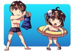  :o ahoge barefoot bikini blush breasts brother_and_sister brown_eyes brown_hair enoo frown hair_ornament hairpin innertube kresnik_ahtreide one-piece_swimsuit open_mouth ribbon sandals school_swimsuit short_hair shorts siblings simple_background swimsuit wild_arms wild_arms_4 yulie_ahtreide 