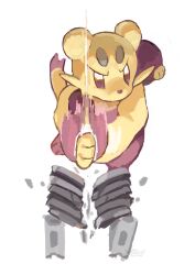  absurdres breaking brown_eyes chop cinder_block commentary_request dido_(di_do_di_do) highres mienfoo motion_blur partial_commentary pokemon pokemon_(creature) pokemon_focus simple_background solo tameshiwari white_background 