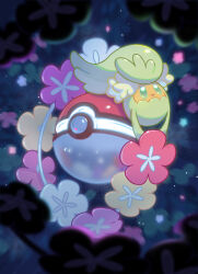  b2b_beetoboo closed_mouth comfey flower flower_necklace green_eyes lei no_humans poke_ball poke_ball_(basic) pokemon pokemon_(creature) pokemon_focus smile solo 