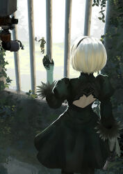  1boy 1girl 2b_(nier:automata) 9s_(nier:automata) back_cutout black_boots black_dress black_gloves black_hairband black_jacket black_shorts blindfold boots clothing_cutout commentary_request dress feather-trimmed_sleeves feet_out_of_frame from_behind gloves hairband highres iron_bars jacket juliet_sleeves leaf long_sleeves looking_at_another mitsuki_nite nier:automata nier_(series) pod_(nier:automata) puffy_sleeves short_hair shorts standing turtleneck turtleneck_dress white_hair 