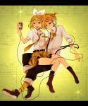  blonde_hair boots brother_and_sister casual grin hair_ornament hair_ribbon hairclip headphones highres kagamine_len kagamine_rin microphone necktie ono_(0_no) open_mouth ribbon short_hair siblings sitting sitting_on_lap sitting_on_person skirt smile suspenders twins vocaloid yellow_eyes 
