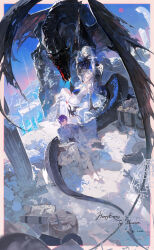  1girl 2boys absurdres artist_name black_dragon blue_flower blue_sky book boots broken_pillar cape chest_harness closed_mouth coat day dragon dress eteru expressionless fire flower full_body gauntlets grey_eyes grey_hair hair_ornament happy_birthday harness highres holding holding_book incredibly_absurdres looking_afar looking_at_animal looking_at_another multiple_boys open_book original outdoors pillar purple_hair ruins sheath short_hair sitting sky smile sun sunset sword two-sided_cape two-sided_fabric weapon white_boots white_cape white_coat white_dress white_hair 