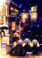  +_+ anglerfish blue_skin bridge celebi chinchou colored_skin cross-shaped_pupils fairy_wings fins fish flying green_eyes green_skin highres lamp lamppost night no_humans on_railing outdoors pokemon pokemon_(creature) pokemon_focus pokemon_gsc railing sitting smile snow snowing symbol-shaped_pupils toro_nika wings yellow_eyes 