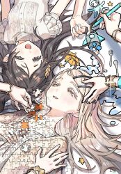  2girls blonde_hair blouse blush bracelet brown_hair camisole collarbone colored_eyelashes commentary_request gakuen_idolmaster hair_ornament hair_spread_out hairclip half-closed_eyes highres hisato_00 holding holding_pencil holding_puzzle_piece idolmaster jewelry jigsaw_puzzle kuramoto_china laurels leaf_hair_ornament long_hair looking_at_another lying michinaru_hirogaru_(idolmaster) multiple_girls multiple_views on_back open_clothes open_mouth open_robe orange_eyes out_of_frame parallel_hairclips pencil puzzle puzzle_piece robe rotational_symmetry shinosawa_hiro shirt short_sleeves smile upper_body white_camisole white_robe white_shirt 