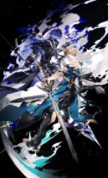  2boys ahoge black_gloves blonde_hair blue_hair commentary_request faceless faceless_male flins_(genshin_impact) fur_trim genshin_impact gloves highres holding holding_lantern holding_polearm holding_sword holding_weapon lantern long_sleeves male_focus multiple_boys multiple_weapons polearm qjiu3000 scar scar_on_arm sleeves_rolled_up sword varka_(genshin_impact) weapon 