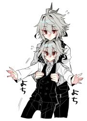  antenna_hair black_pants black_vest commentary_request dress_shirt dual_persona fate/apocrypha fate_(series) grey_hair hair_between_eyes haoro hug male_focus messy_hair pants red_eyes shirt short_hair sieg_(fate) simple_background vest white_background white_shirt 