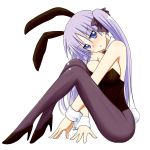  animal_ears bare_shoulders blue_eyes blush breast_press breasts bunny_ears bunnysuit collarbone frown hair_ribbon high_heels highres hiiragi_kagami knees_on_chest large_breasts legs long_hair lucky_star pantyhose purple_hair ribbon shoes simple_background solo take_(shokumu-taiman) tsurime twintails 