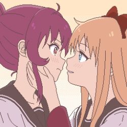  2girls ahoge black_sailor_collar blonde_hair blue_eyes blush bow commentary_request frown hair_bow hand_on_another's_cheek hand_on_another's_face highres looking_at_another multiple_girls nanamori_school_uniform parted_lips patterned_background pixel_art portrait purple_hair red_bow red_sleeves sailor_collar school_uniform shirt sugiura_ayano teeth toshinou_kyouko violet_eyes white_shirt yellow_background yuri yuru_kaze yuruyuri 