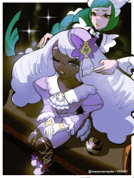  2girls ;d border commentary dark-skinned_female dark_skin dress eyelashes fishnet_pantyhose fishnets grey_eyes hat highres jacinthe_(pokemon) lebanne_(pokemon) luxury_ball mayotsunamayo multiple_girls one_eye_closed open_mouth pantyhose poke_ball pokemon pokemon_legends:_z-a puffy_sleeves purple_dress purple_hat shoes sitting smile sparkle teeth tilted_headwear twitter_username upper_teeth_only watermark white_border 
