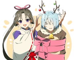  2boys :d alternate_costume alternate_hairstyle animal_costume antlers bell black_hair blue_hair bound bound_torso bow christmas christmas_ornaments closed_eyes commentary_request curtained_hair fubuki_(nige_jouzu_no_wakagimi) furisode_sleeves hair_bow hair_over_one_eye highres hikobe_fubuki horns houjou_tokiyuki_(nige_jouzu_no_wakagimi) japanese_clothes kariginu korean_commentary light_blush long_hair long_sleeves looking_at_viewer male_focus multiple_boys neck_bell nige_jouzu_no_wakagimi open_mouth parted_bangs pink_bow pink_ribbon raised_eyebrows red_sash reindeer_antlers reindeer_costume ribbon ribbon-trimmed_sleeves ribbon_bondage ribbon_trim sash short_twintails sidelocks_tied_back smile teardrop twintails upper_body v-shaped_eyebrows very_long_hair violet_eyes white_background yellow_background 