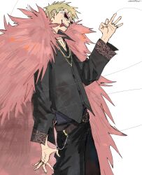  belt black_shirt blonde_hair brown_belt cowboy_shot donquixote_doflamingo earrings english_commentary feather_coat feathers gold_necklace highres jewelry multiple_rings necklace oestart one_piece pink_feathers ring shirt short_hair signature simple_background single_earring string sunglasses tongue white-framed_eyewear white_background 
