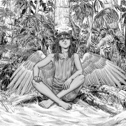  androgynous angel_devil_(chainsaw_man) angel_wings chainsaw_man feathered_wings greyscale halo highres male_focus medium_hair monochrome outdoors palm_tree phosmic solo tank_top tree wings 