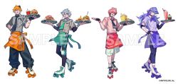  4boys :d :o absurdres ahoge akagi_wen apron aqua_eyes baggy_pants bandaid bandaid_on_arm bandaid_on_cheek bandaid_on_face black_gloves black_hair black_necktie black_pants black_shirt blue_eyes blue_hair braid burger carhop cherry collared_shirt colored_tips commentary_request copyright_notice crossed_bangs cup cupcake disposable_cup doughnut elbow_pads employee_uniform fast_food_uniform fingerless_gloves food french_fries fruit full_body garrison_cap gloves green_apron green_eyes green_hair green_necktie grey_shirt hair_between_eyes hair_ornament hair_rings half_updo hand_on_own_hip haru4aki hat heterochromia highres holding holding_tray hoshirube_sho hot_dog knee_pads layered_sleeves lightning_bolt_hair_ornament lightning_bolt_symbol lineup long_hair long_sleeves looking_at_viewer male_focus milkshake mini_hat multicolored_hair multiple_boys murakumo_kagetsu neckerchief necktie nijisanji official_art open_hand orange_apron orange_eyes orange_hair pants pink_hair pink_shirt popcorn purple_apron purple_hair purple_neckerchief purple_shirt red_apron roller_skates sample_watermark sharp_teeth shirt short_hair short_over_long_sleeves short_sleeves shorts side_braid simple_background single_glove single_hair_ring skates sleeves_rolled_up smile standing streaked_hair striped_clothes striped_shirt teeth tie_clip tilted_headwear tray undershirt usami_rito v-shaped_eyebrows vertical-striped_clothes vertical-striped_shirt violet_eyes virtual_youtuber visor_cap waist_apron waiter watermark white_background white_hair white_hat white_shirt white_shorts wing_collar wristband 