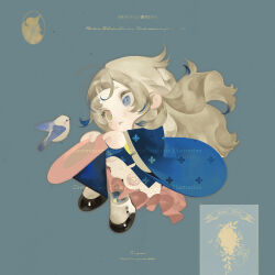  absurdres antenna_hair baichuan_baichuan bird black_shoes blue_bird blue_eyes blunt_bangs brown_hair chibi closed_mouth commission eyelashes flower heterochromia highres long_hair long_sleeves makeup mihuashi_commission original rouge_(makeup) shoes square watermark wide_sleeves yellow_eyes 