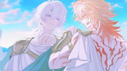  2boys alternate_costume ancient_greek_clothes antenna_hair arm_tattoo armlet armor back_tattoo blonde_hair blue_cape blue_eyes blue_sky braid cape chiton earrings facial_tattoo gold_earrings gold_vambraces gradient_hair greco-roman_clothes highres honkai:_star_rail honkai_(series) jewelry male_focus medium_hair multicolored_hair multiple_boys mydei_(honkai:_star_rail) parted_bangs pauldrons phainon_(honkai:_star_rail) red_hair red_tattoo short_hair shoulder_armor side_braid single_pauldron sky tattoo tydjd071 white_hair yellow_eyes 