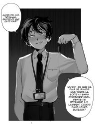  1boy absurdres akinashi_haru artist_name belt blush breast_pocket commentary cowboy_shot english_commentary flash_drive french_text glowing glowing_eyes greyscale highres id_card lanyard long_sleeves looking_at_viewer male_focus monochrome necktie open_mouth outside_border pants pocket saihate_eki shirt short_hair solo speech_bubble tosteurmori translation_request usb white_shirt 