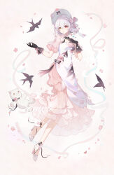  1girl absurdres bird black_gloves bonnet braid breasts cat chinese_clothes chinese_commentary commentary_request dress flower full_body gloves hand_on_own_chest hat heise_changmaomao heterochromia high_heels highres lolita_fashion looking_at_viewer original petals qi_lolita red_eyes short_hair solo swallow_(bird) white_background white_dress white_hair yellow_eyes 