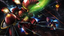  absurdres battle beam_cannon beam_rifle beam_shield cable copyright_notice crossbone_vanguard energy_beam energy_gun explosion firing gundam gundam_battle_operation_2 highres mecha mecha_focus mobile_suit nebula no_humans official_art painting_(medium) promotional_art realistic robot scan science_fiction space star_(sky) sunrise_(company) tenjin_hidetaka thrusters traditional_media victory_gundam weapon zero_gravity zoloat 