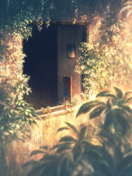  chair commentary_request heriki_(trkj) highres no_humans original overgrown painting_(object) plant scenery vines window wooden_chair 