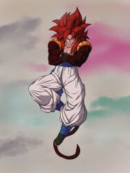  blue_eyes blue_sash dragon_ball dragon_ball_gt gogeta highres kenran_dokkan long_hair looking_at_viewer male_focus metamoran_vest monkey_boy monkey_tail muscular muscular_male pants pectorals red_fur red_hair saiyan sash smile solo spiky_hair super_saiyan super_saiyan_4 tail vest white_pants 