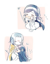  1boy 1girl blue_flower blue_hair braid brown_cloak chibi cloak closed_eyes crown_braid dress ferdinand_(honzuki_no_gekokujou) flower forehead hair_flower hair_ornament honzuki_no_gekokujou hood hood_down hooded_cloak long_hair long_sleeves myne_(honzuki_no_gekokujou) parted_bangs pleated_dress rinndouk robe running signature swept_bangs tears twitter_username very_long_hair white_background white_flower wide_sleeves 