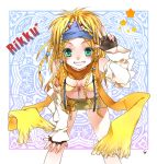  bad_id bikini_top blonde_hair braid character_name detached_sleeves final_fantasy final_fantasy_x final_fantasy_x-2 fingerless_gloves gloves green_eyes headband leaning_forward long_hair rikku scarf smile solo toujou_sakana 